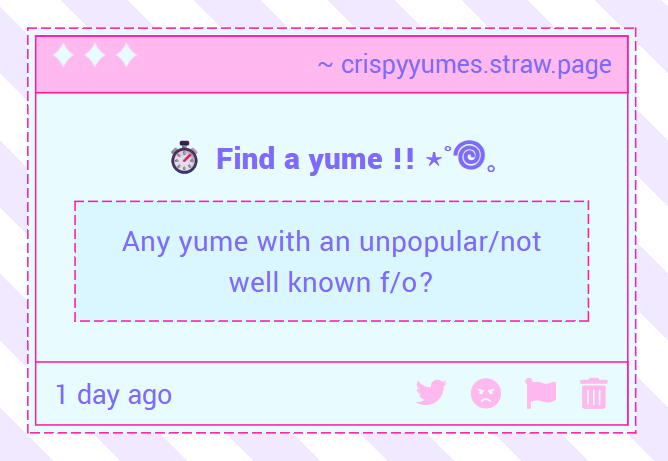 CrispyYumes's tweet photo. 🍪 ˗ˏˋ ꒰ Find a Cookierun Yume !! ꒱ ˎˊ˗

— Any yume with an unpopular/not well known f/o? https://t.co/XqdusyD937