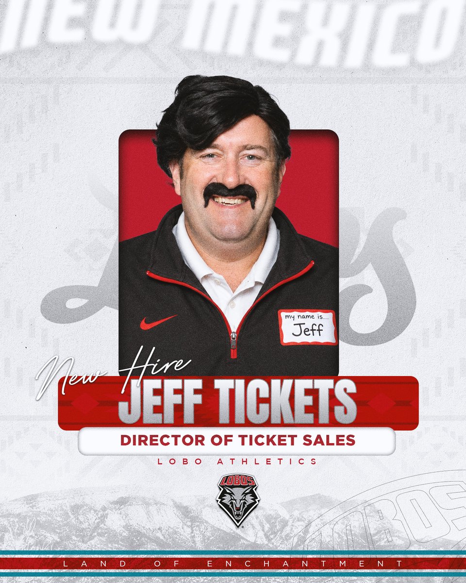 UNMLOBOS's tweet photo. Excited to announce a new hire for our ticketing department. 

Welcome to the 505, Jeff!

#GoLobos https://t.co/9Tqx9585Ld