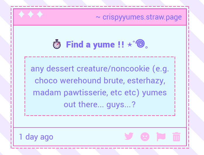 CrispyYumes's tweet photo. 🍪 ˗ˏˋ ꒰ Find a Cookierun Yume !! ꒱ ˎˊ˗

— any dessert creature/noncookie (e.g. choco werehound brute, esterhazy, madam pawtisserie, etc etc) yumes out there... guys...? https://t.co/DoTZOPJHt0