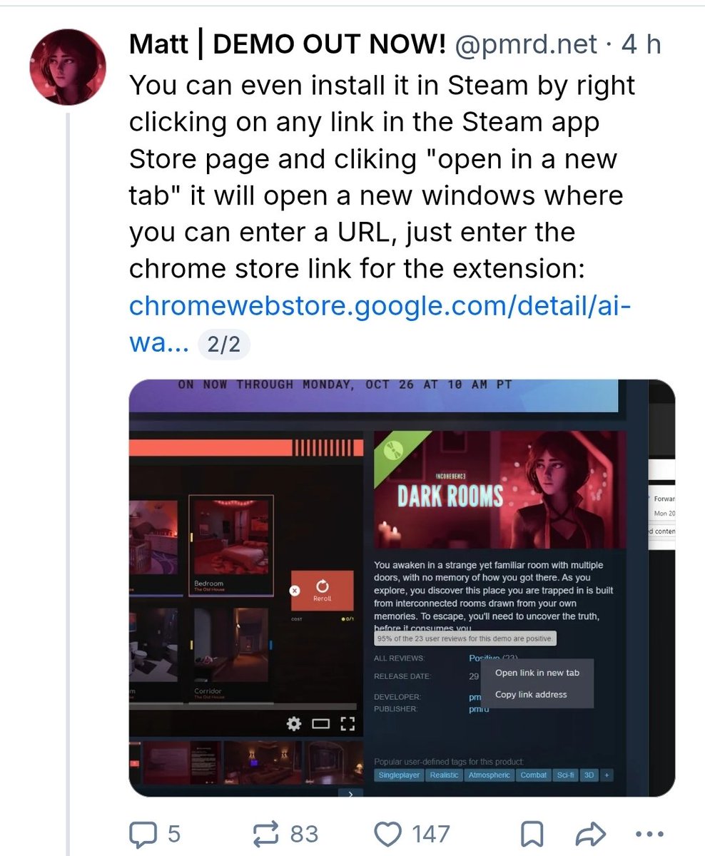 guerinnorman's tweet photo. #Steamnextfest is sadly is &amp; will be infested with AI games ! But thankfully there this extension that can detect them ! Spread the word ! 
Link 1 : https://t.co/jB2euOb7DG
Link 2 : https://t.co/4KP0HMKX57
#gaming #steam #indiedev #gamedev #indiegame https://t.co/cNBmV5IU1w