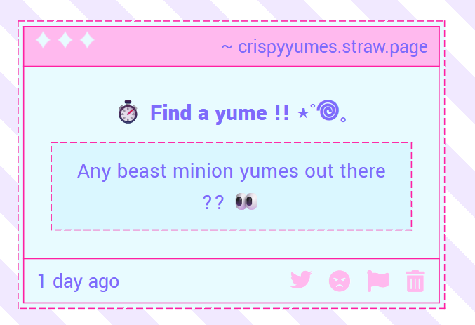 CrispyYumes's tweet photo. 🍪 ˗ˏˋ ꒰ Find a Cookierun Yume !! ꒱ ˎˊ˗

— Any beast minion yumes out there ?? 👀 https://t.co/riw8L12yC7