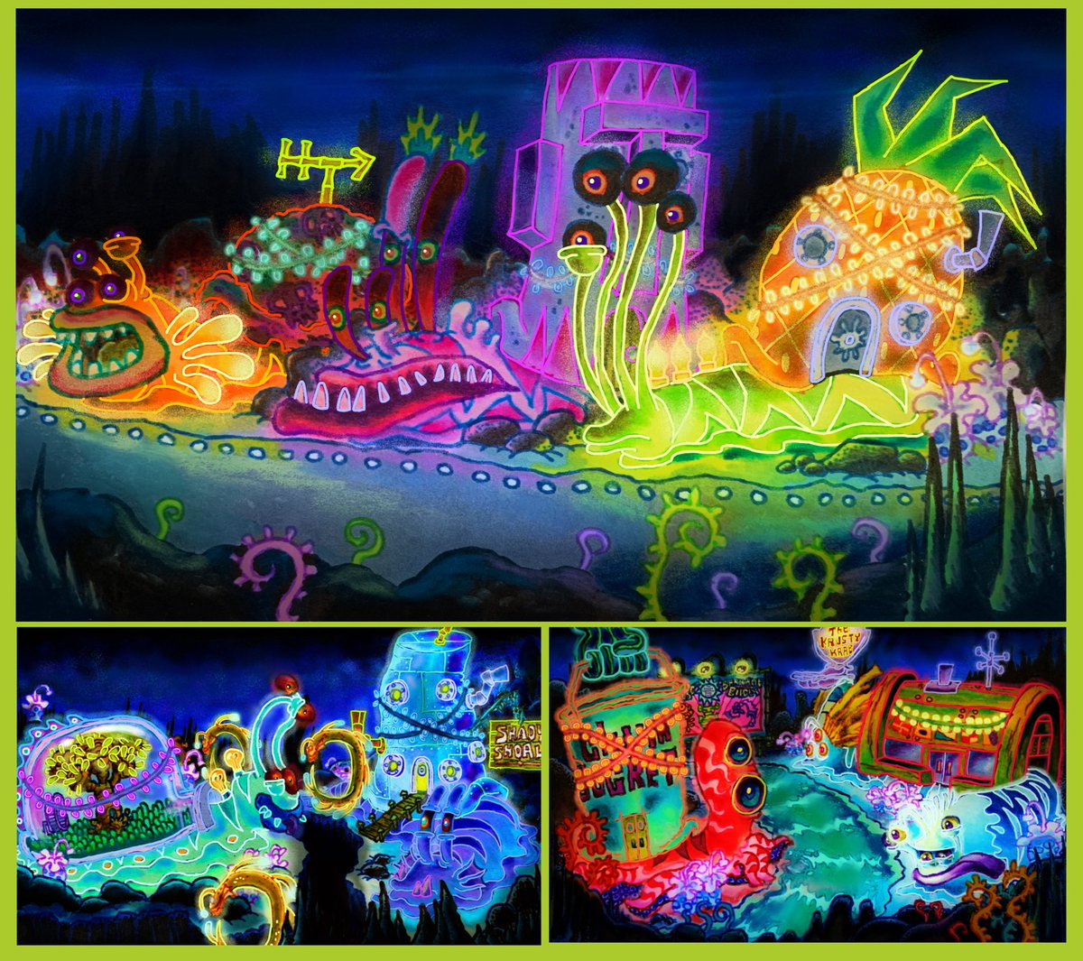 duda_wilson's tweet photo. @ArtofSpongeBob2 @spongearchive2 @THQNordic @DailyNickNews @thqnstoreUS @UltimateSB101 @CftKKRehydrated Bikini Bottom in a Hypnotic Highway Style #SpongeBobSquarePants #CreatureFromtheKrustyKrab #CFTKK #BikiniBottom #BestDayEver #BackgroundArt https://t.co/iMWkGVTYmB