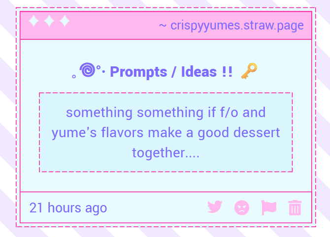CrispyYumes's tweet photo. 🍪 ˗ˏˋ ꒰ Interactive ꒱ ˎˊ˗

— Do your yumesona and f/o's flavors make a good combo together ?! ૮꒰˶ᵔ ᵕ ᵔ˶꒱ა https://t.co/7Fpa66XJ4Y