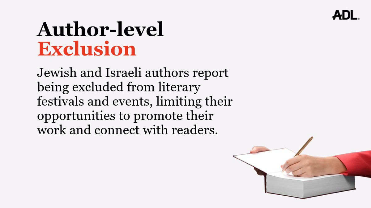 ADL's tweet photo. 4/ Jewish and Israeli authors described being told directly that their Jewish or Zionist identity, not the quality of their work, made them "too risky" to represent.

Even institutions meant to support writers have failed to directly confront antisemitism, often framing the exclusion of Jewish authors as a broader issue of censorship or free expression.

The pattern is clear: Jewish voices are being pushed out at every stage of publishing, shaping whose stories get told and whose perspectives readers encounter.

Read more: https://t.co/2Xf8QlWzyL