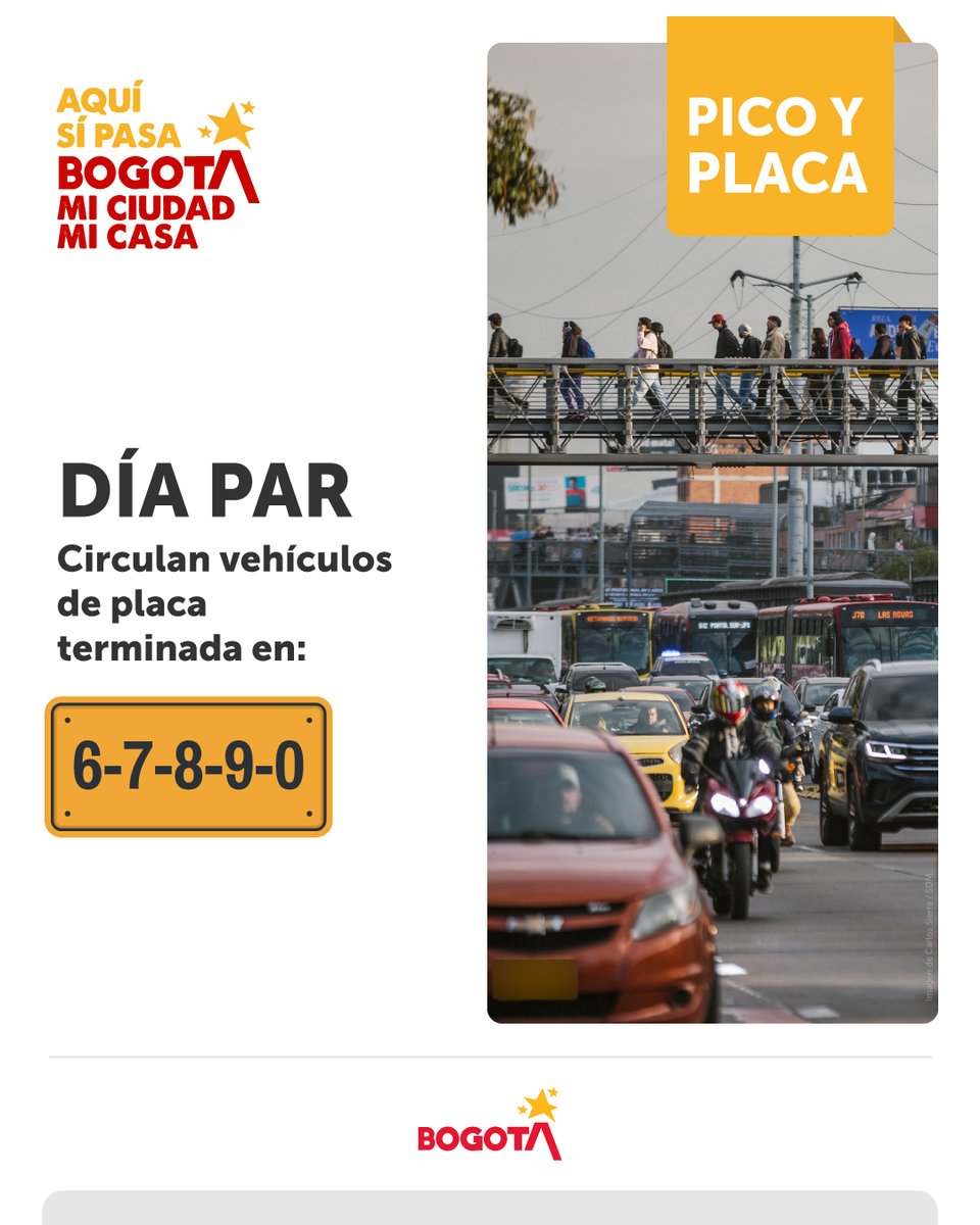 SectorMovilidad's tweet photo. 🔔¡Ojo, hoy es día par!

Consulta las placas que pueden y no pueden transitar por la ciudad:
✅Circulan las terminadas en 6-7-8-9-0.
❌No circulan las terminadas en 1-2-3-4-5.

Recuerda que esta medida aplica de lunes a viernes, de 6:00 a.m. a 9:00 p.m. https://t.co/sjERaSsEga