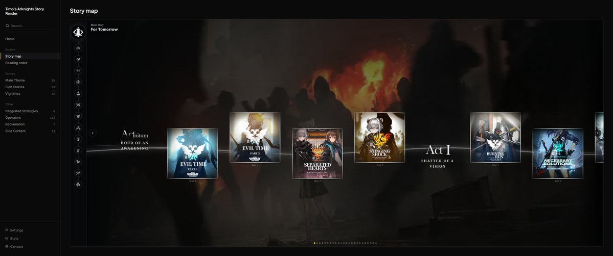 timo_aardappel's tweet photo. Another update for my Arknights story reader (https://t.co/aIpdngik7f)

- New home page
- New story map
- Updated reading order including modules &amp; operator stories
- Illustrations and music added to story pages, hidden by spoiler tags for those you haven't read yet

#Arknights https://t.co/B2dQIhxgHv