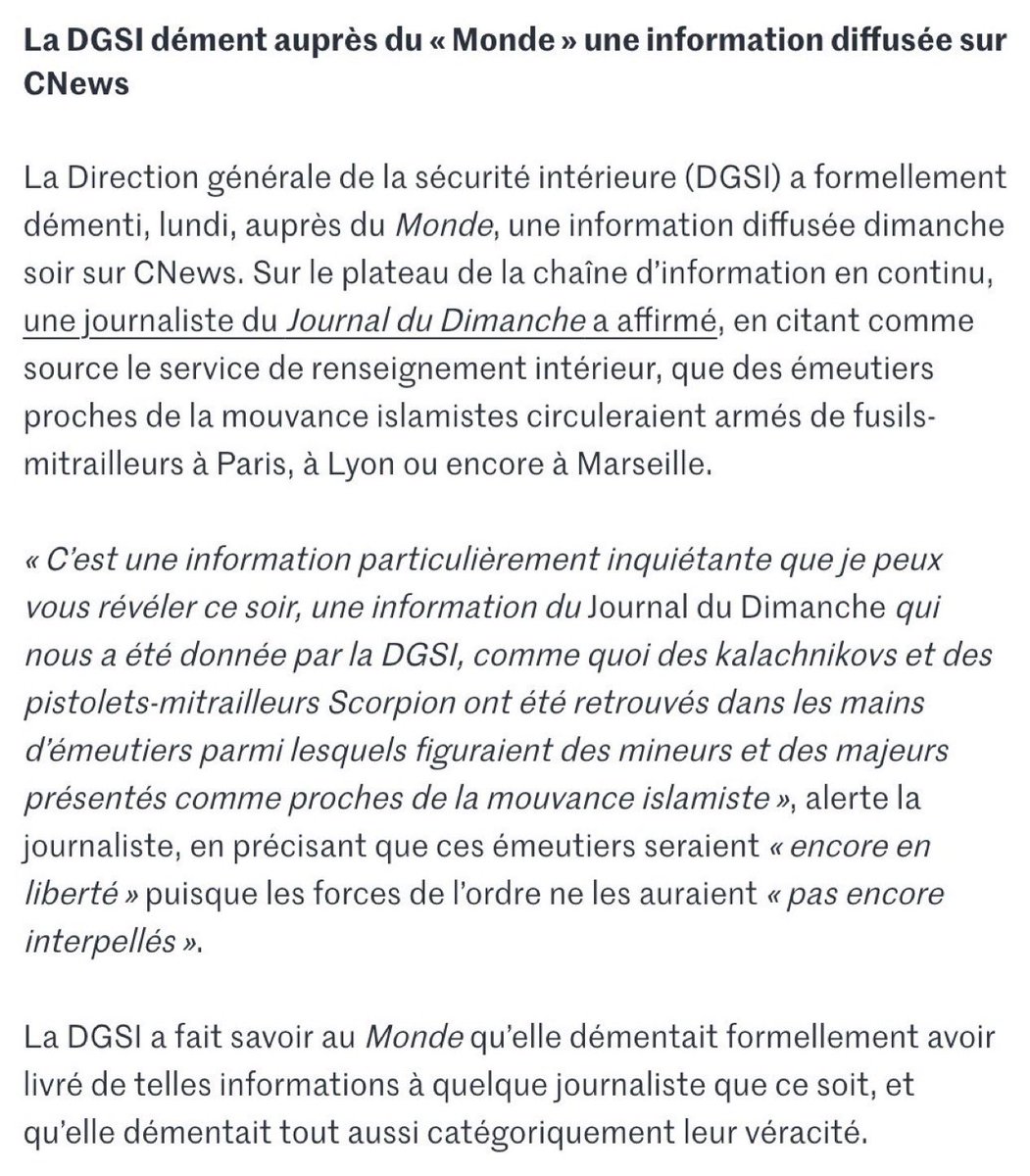 ImpactMediaFR's tweet photo. 🚨🟡 VOUS NE VOUS RENDEZ PAS COMPTE DE LA GRAVITÉ ! 👇👇👇👇

On en est au point où la DGSI, nos propres services de renseignement, doit démentir les informations diffusées par CNEWS ! 😨

En pleine crise nationale, Lara Tchekov, journaliste du JDD, a affirmé en direct sur CNEWS que la DGSI avait révélé à son journal que des émeutiers proches de la mouvance islamiste circuleraient avec des armes de guerre dans plusieurs villes de France.

Sauf que la DGSI dément catégoriquement ! Contactée par Libération, elle affirme : "C’EST COMPLÈTEMENT FAUX. Le fond est faux et la source, la DGSI, ne s’est pas du tout prononcée sur le sujet."

PLUS INCROYABLE ENCORE : malgré ce démenti formel, Lara Tchekov maintient ses informations et affirme détenir des photos ! 😭

🔴 On a franchi un cap extrêmement inquiétant dans la désinformation !

@Arcom_fr, VOUS AVEZ UNE RESPONSABILITÉ IMMENSE ! Combien de temps allez-vous encore laisser des informations aussi graves être diffusées à des millions de Français sans réagir ?