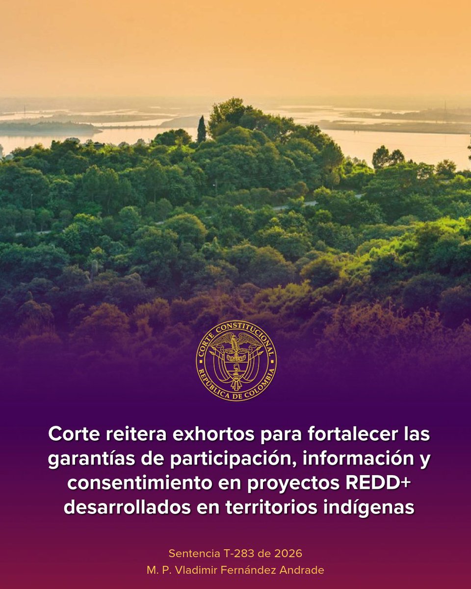 CConstitucional's tweet photo. #LaCorteInforma | Los proyectos REDD+ en territorios indígenas deben garantizar participación efectiva, información suficiente y consentimiento libre, previo e informado. T-283/26 M.P. Vladimir Fernández Andrade
https://t.co/DLXSxGrOls https://t.co/yGT4KOlrCY
