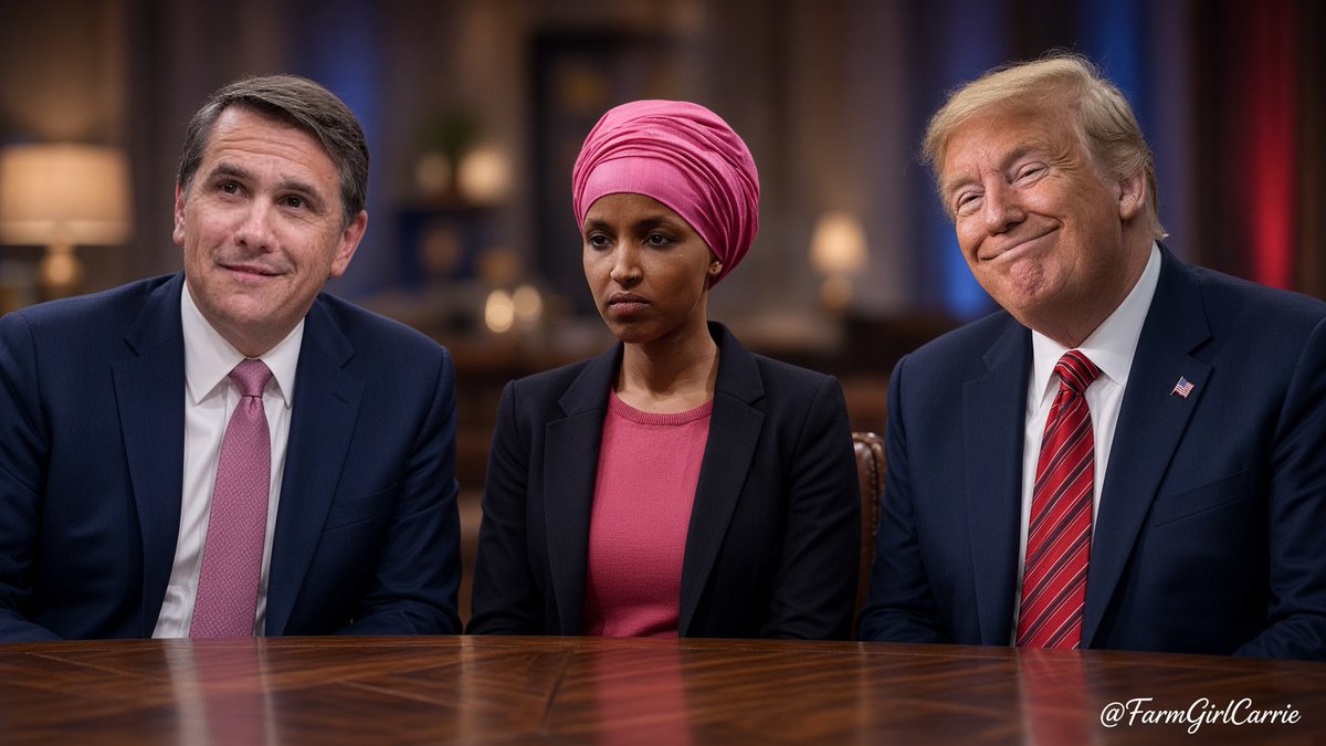 FarmGirlCarrie's tweet photo. Ilhan Omar isn't just in DEEP TROUBLE for immigration fraud. The Trump DOJ is now considering a RICO case against her to take down the entire Somali criminal operation, as well. Is this something you can get behind? 🙋‍♀️ https://t.co/Fp4tLia3ff