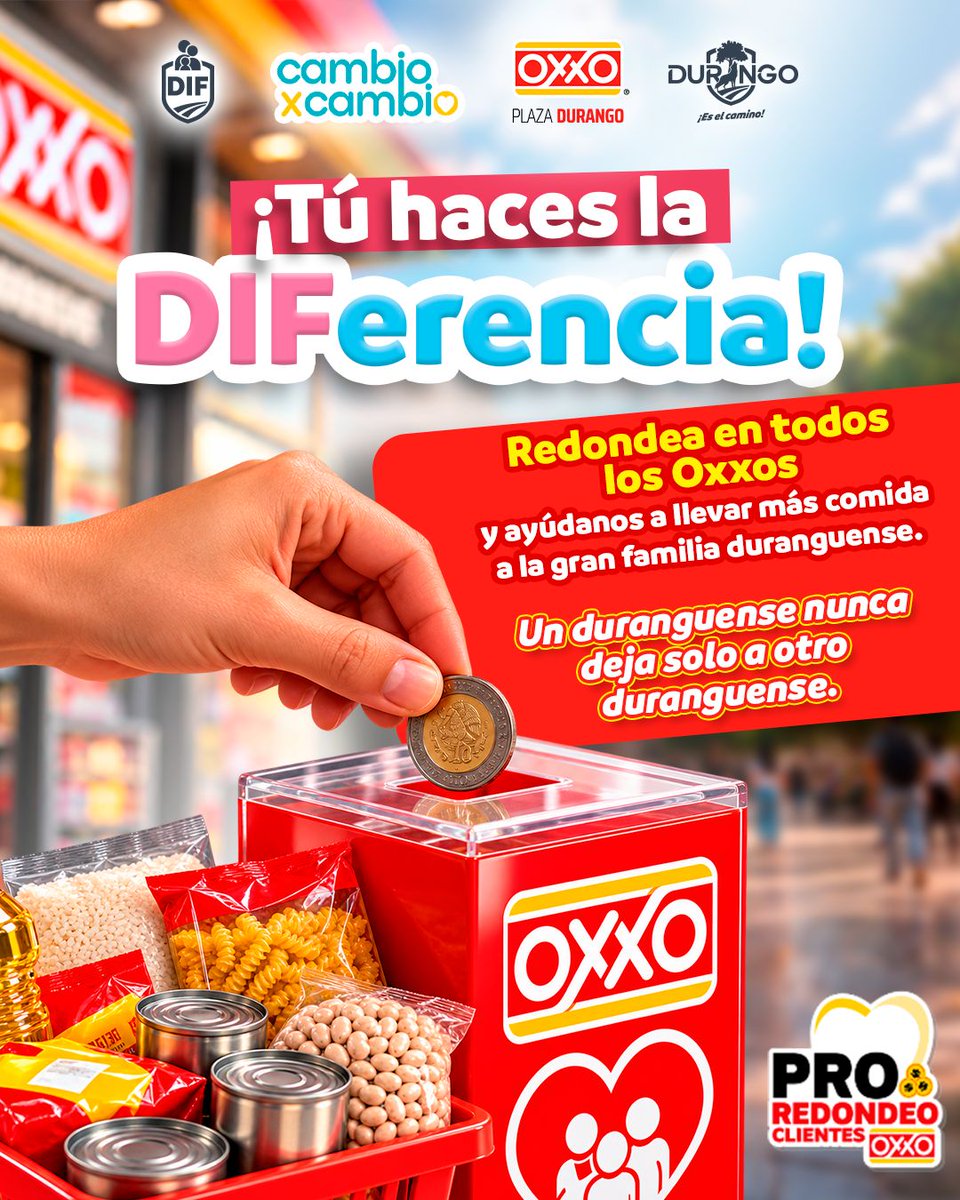 DurangoCap's tweet photo. ¡Tu cambio hace la DIFerencia! ❤️

Redondea en el OXXO y ayuda a llevar más alimentos a quienes más lo necesitan a través del DIF Municipal.

¡Porque un duranguense nunca deja solo a otro duranguense! 

#EsteEsElCamino 🐺 https://t.co/DfEZ0PNxU9