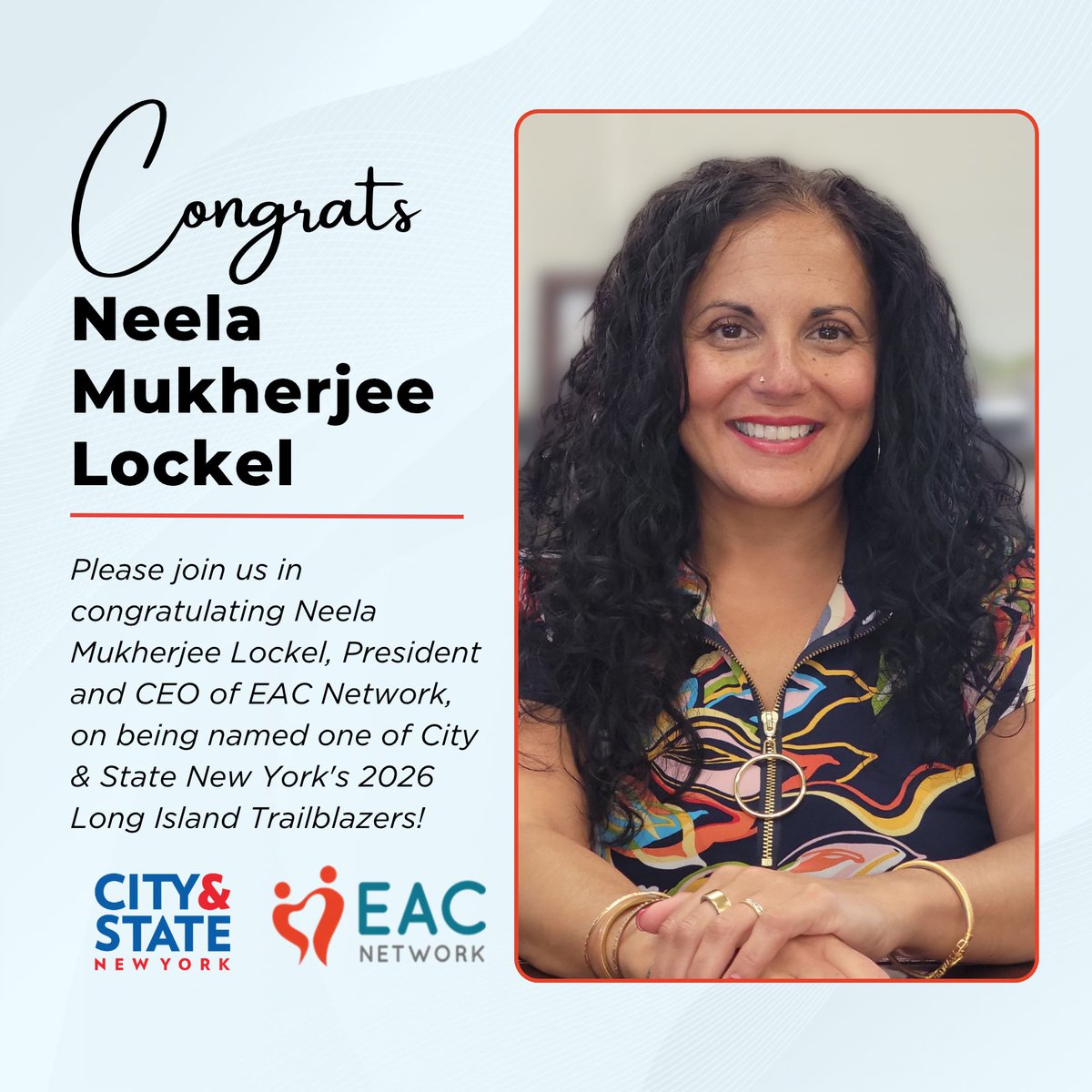 EACNet's tweet photo. Please join us in congratulating Neela Mukherjee Lockel, President and CEO of EAC Network, on being named one of City &amp; State New York's 2026 Long Island Trailblazers!

Read more at https://t.co/KeCSEjbZHr

#eacnetwork #longislandtrailblazers #cityandstateny #nonprofitleadership https://t.co/mdMF2qZyhR