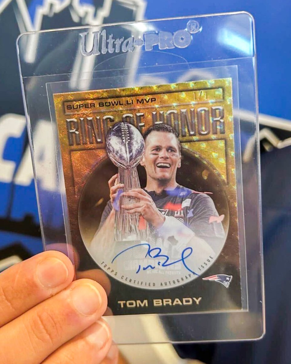 Collect's tweet photo. He pulled a 1-of-1 Tom Brady autograph card in a grocery store parking lot 🤯

After buying a box of Topps Flagship at the Dallas Card Show, a collector left before getting the chance to open it.

Later that day, he stopped at a grocery store and decided to rip the box in his car.

That's when he pulled the 1-of-1 Tom Brady autograph card commemorating his legendary 28-3 Super Bowl comeback.

Now, the card is in our auction with a $10,000 bid and 3 days remaining.