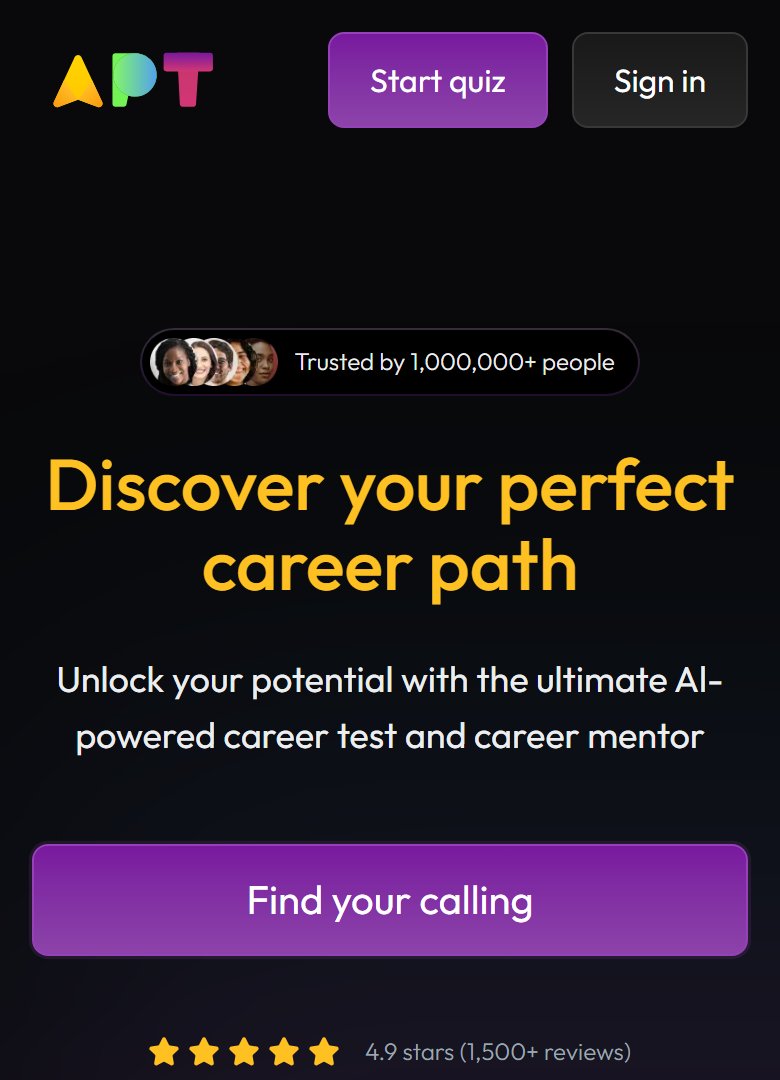 juliustraffic's tweet photo. Apt sells an AI career test. About 320 of its ads are live in the US library today, and 11 of the first 20 run from people's pages, not the brand's. The click lands on screenshot one, two quiz buttons above the fold. Screenshot two is the quiz: one question, three answers. https://t.co/hfZcBuCOME