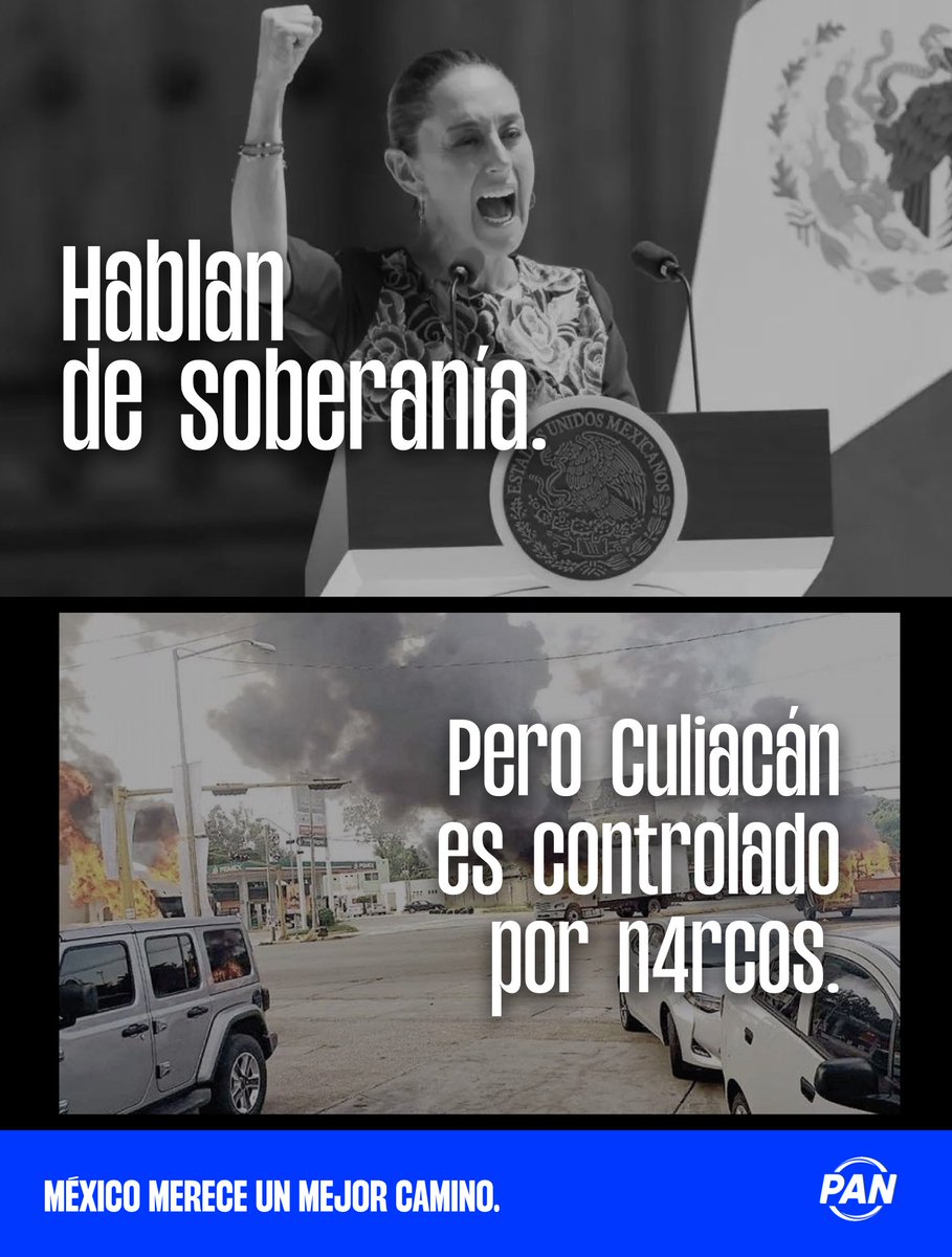 AccionNacional's tweet photo. ¿De qué soberanía habla MORENA cuando Culiacán está a merced del crimen organizado? Un engaño más. México merece un gobierno que proteja a las familias y garantice la seguridad. 

¡No más discursos vacíos! https://t.co/PnsCTtO7Q3