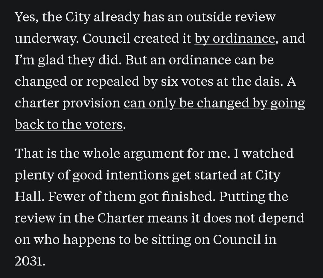 JenRobichaux's tweet photo. City Council's good intentions fail on follow through.

"the City already has an outside review underway. Council created it by ordinance... But an ordinance can be changed or repealed by six votes at the dais. A charter provision can only be changed by going back to the voters."

More from Mackenzie Kelly's substack
https://t.co/WWsxvibjm2