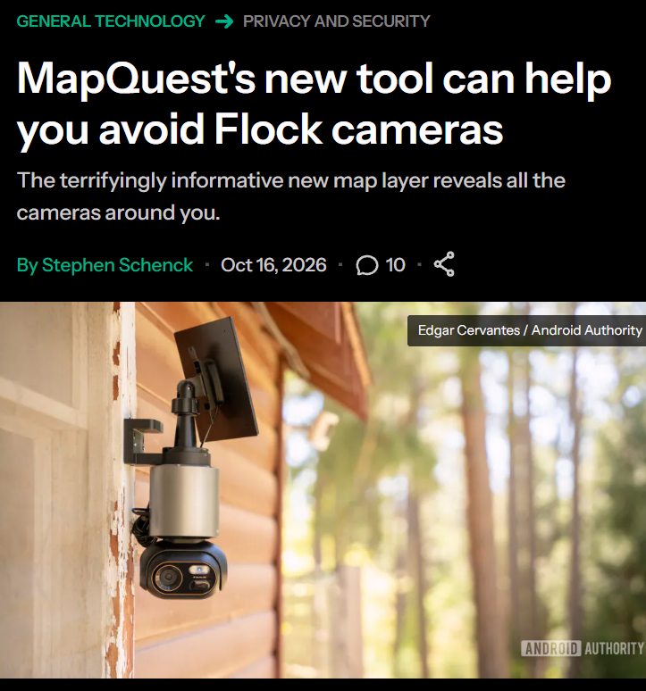 Windscribe's tweet photo. Some good news for you: more people are waking up to Flock and their surveillance. 

MapQuest (yes the one that let you print directions to places 25 years ago) has released their Surveillance Layer on mobile, letting you see where cameras and plate readers are located. https://t.co/6KnGWUKLWk