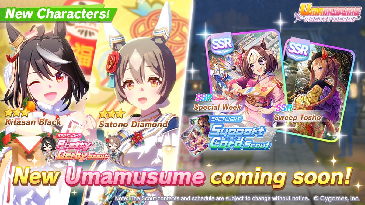 umamusume_eng's tweet photo. 📢 New characters are on their way to debut on Oct 20 (UTC):

🥕 3★ Kitasan Black and 3★ Satono Diamond will appear in the Pretty Derby Scout!
🤝 SSR Special Week and SSR Sweep Tosho will appear in the Support Card Scout!

#Umamusume https://t.co/wKfCyPNXjk