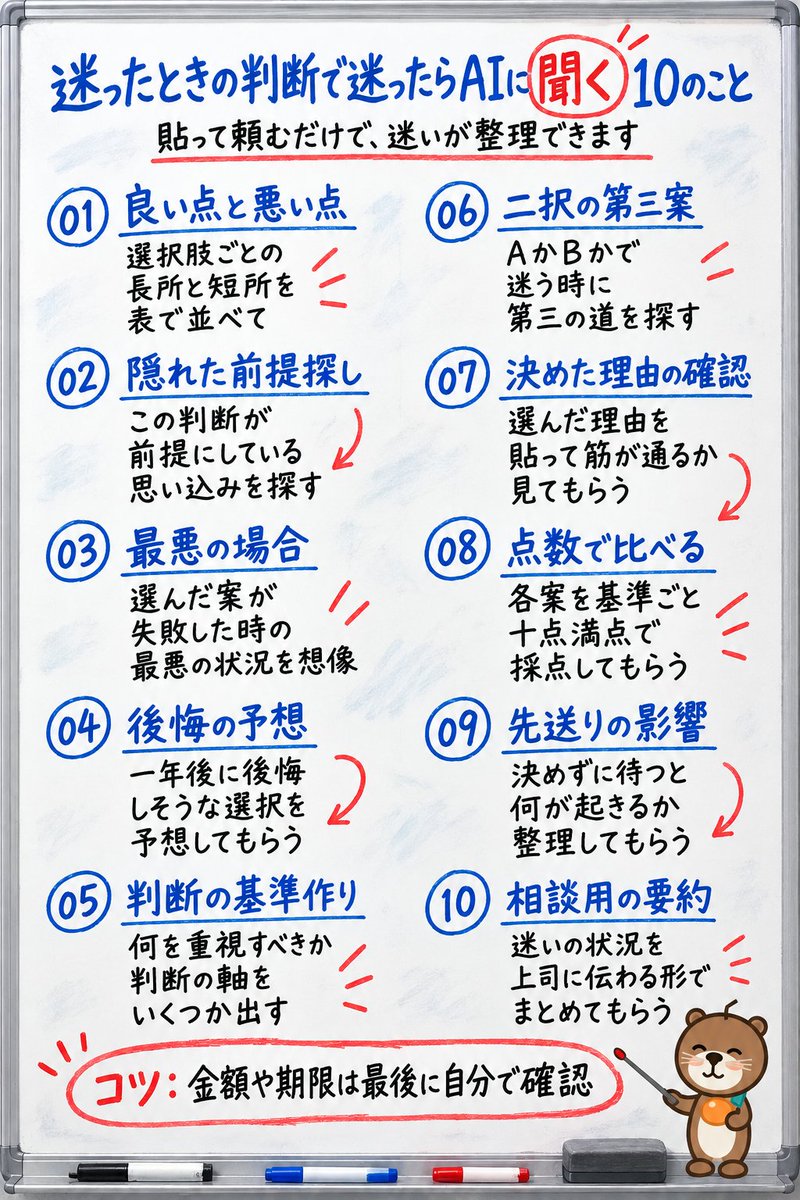happyhyelim's tweet photo. 「決めるのは自分だから、AIは関係ないと思ってた」
長所と短所の整理も、見落としの確認も、後悔の予想も頼めます。
迷いの中身を貼るだけで、判断の材料が揃います。
10個を図解1枚にまとめました🦦 https://t.co/JerM5hTDVj
