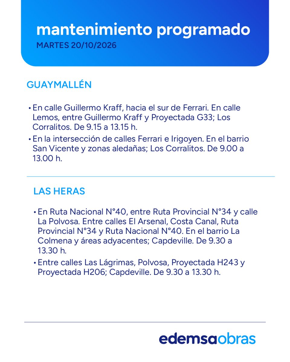 Edemsa's tweet photo. ⚠️ Mantenimiento Programado #Edemsa
Martes 20 de Octubre.
Afectación del servicio en las siguientes zonas y horarios.
Recordá que podés consultar el #Mantenimiento2026 en nuestra web https://t.co/dXA7e8Bp7r https://t.co/Dv7Qcy5RqQ