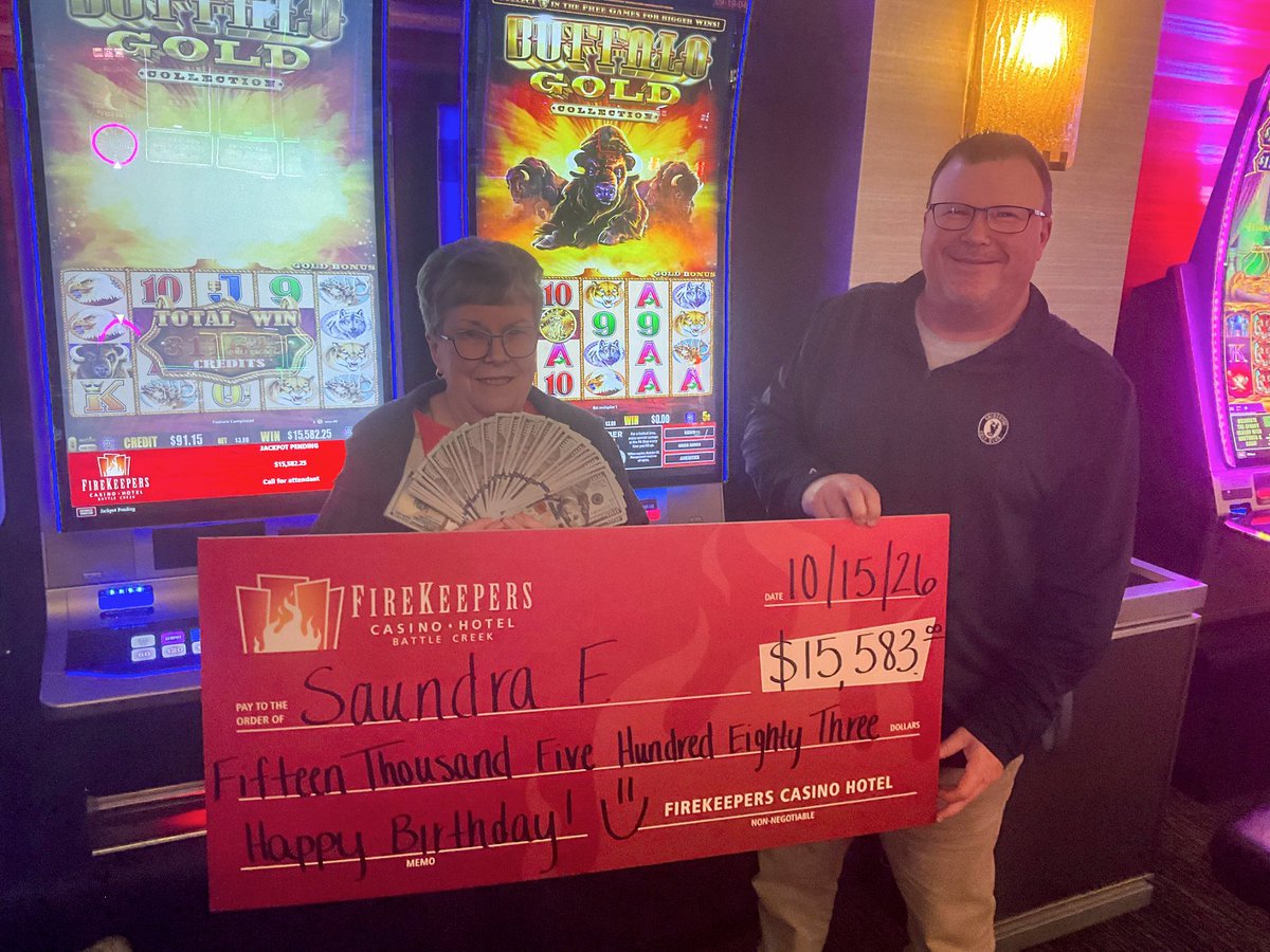 FireKeepers's tweet photo. Saundra struck gold, and we’re not talking about the buffalo! 🦬✨ 
She scored a $15,583 jackpot on Buffalo Gold and walked away a #MoneyKeeper! 💰 #GetYourVegasOn https://t.co/b3REwQoUxK