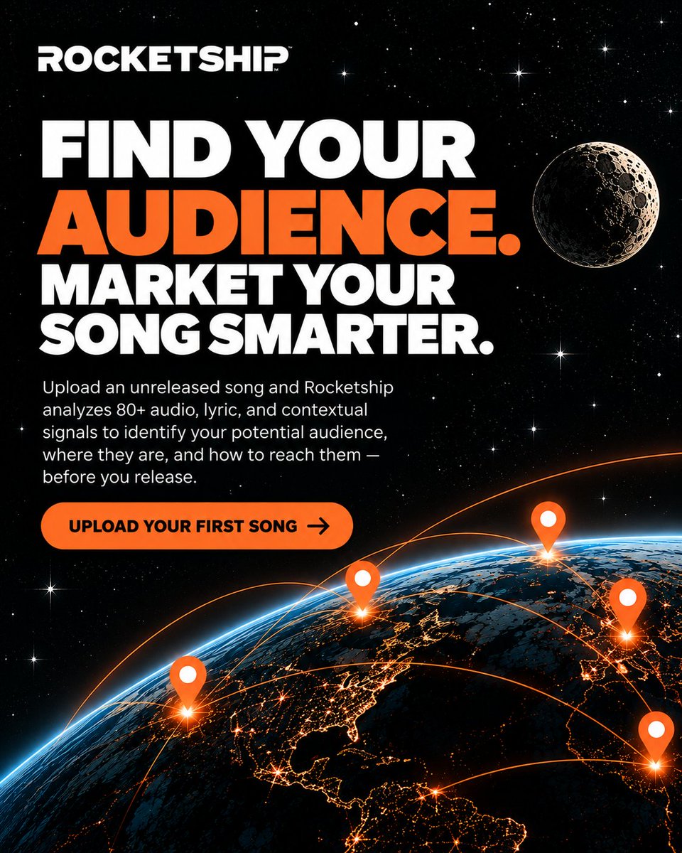 MusicRocketship's tweet photo. Most artists release their songs and hope the right listeners discover them.

Rocketship helps you take a smarter approach.

Upload your unreleased song to discover your potential audience, where they're located, and how to reach them before you spend money promoting your release.

Your audience is out there. Find them first.

Upload your first song at https://t.co/TPRpVaYc18.

#RocketshipMusic #MusicMarketing #IndependentMusic #MusicPromotion #ArtistGrowth