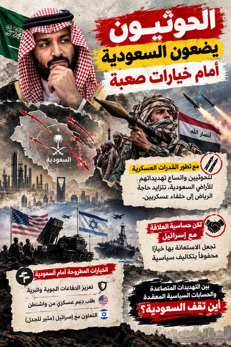bandar8d2's tweet photo. قد تفرض التهديدات الحوثية مراجعة الخيارات الأمنية لكن ذلك لا يعني تلقائيا أن التعاون العسكري العلني مع إسرائيل هو الخيار الوحيد أو أنه يحظى بقبول شعبي
#الشباب_الفيصلي #الفوز_فوزك #الاهلي_الفيحاء https://t.co/SDiapg8RCP