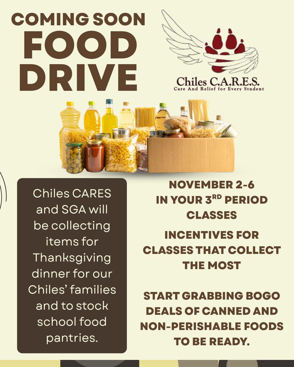 chilestwolves's tweet photo. The annual Chiles CARES and SGA Thanksgiving Meal Food Drive is coming up. Please email betsy.penn@leonschools.com if you are interested in donating a turkey to complete the meals. https://t.co/NnC03WAxQ0