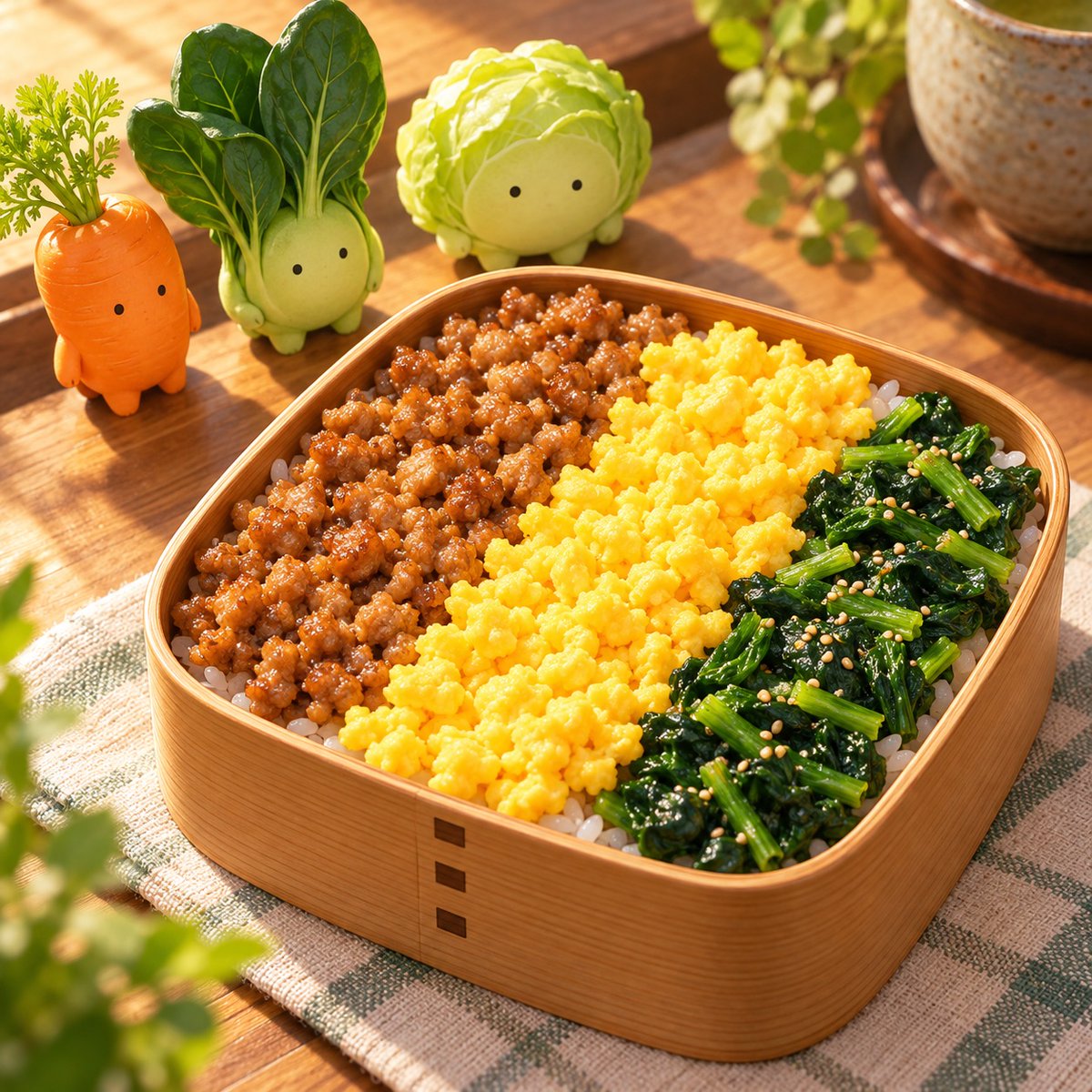 yasainohako's tweet photo. 三色そぼろ弁当
    鶏そぼろ、卵、ほうれん草の三色弁当。チビやさいたちも、きれいな色合いを見ています。 https://t.co/KBQGbLOB6e