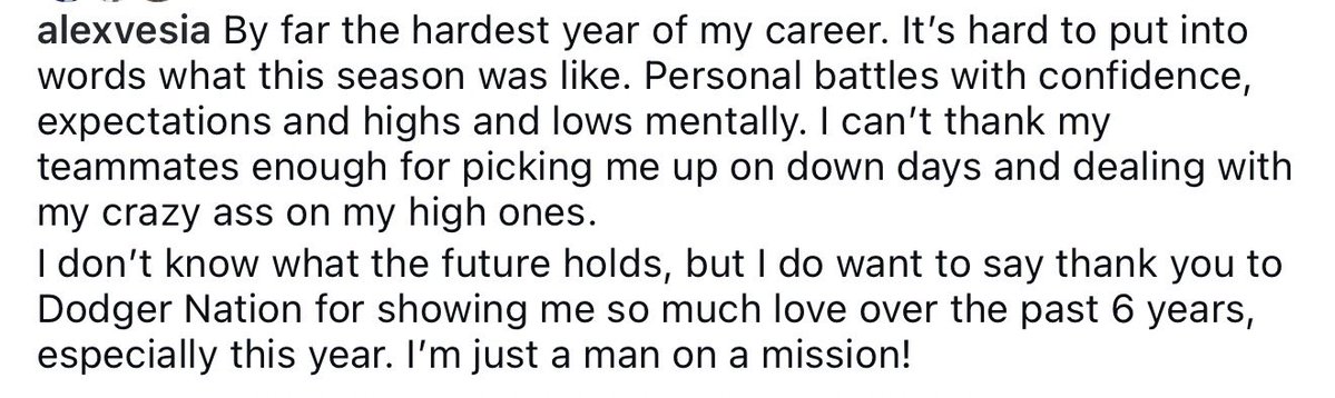 DodgersNation's tweet photo. Alex Vesia sends a heartfelt message to the Dodgers fanbase as he enters free agency this offseason on Instagram:

“By far the hardest year of my career. It's hard to put into words what this season was like. Personal battles with confidence, expectations and highs and lows mentally. I can't thank my teammates enough for picking me up on down days and dealing with my crazy ass on my high ones.

I don't know what the future holds, but I do want to say thank you to Dodger Nation for showing me so much love over the past 6 years, especially this year. I'm just a man on a mission!”