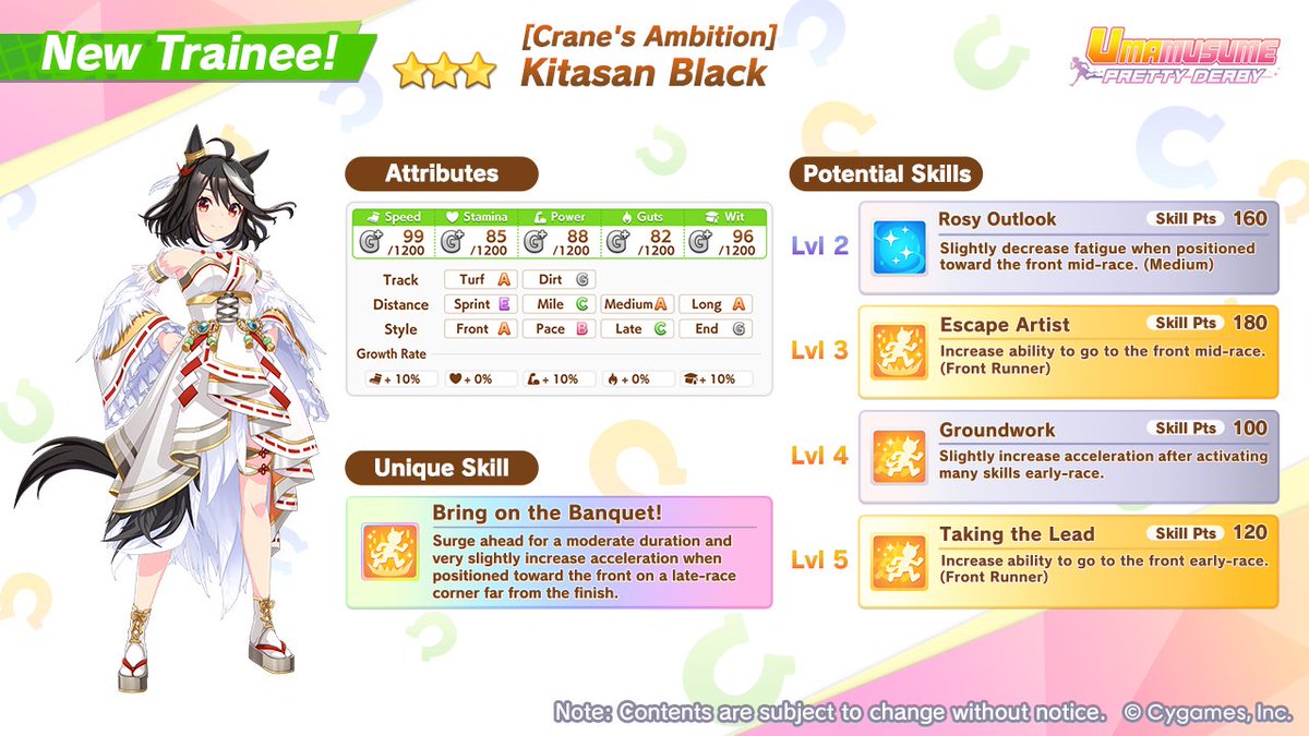 umamusume_eng's tweet photo. 🎊 Here's your first look at the new 3★ character!

Introducing [Crane's Ambition] Kitasan Black!

For details, please check the Featured Trainees section on the top right of the Scout screen available from Oct 20 (UTC).

#Umamusume https://t.co/VUSK21czAy