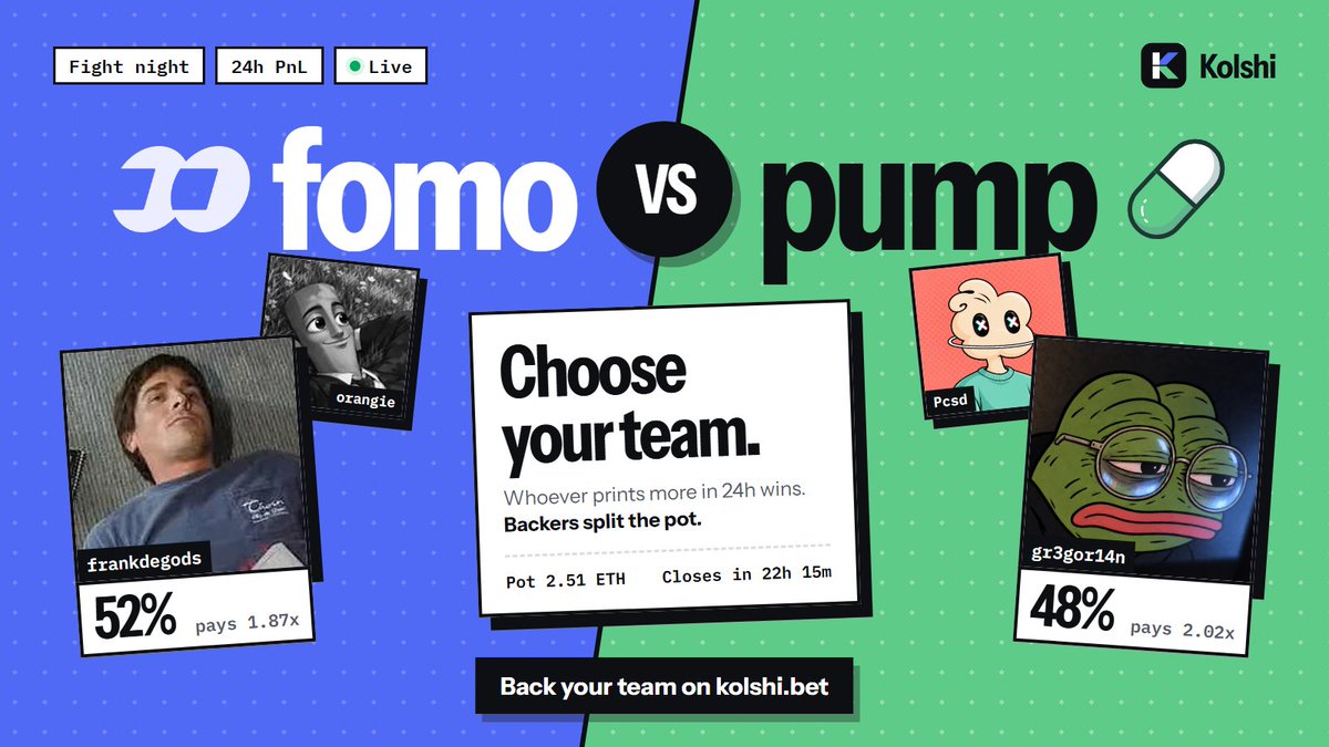 Kolshibet's tweet photo. Why wait?

Pick your side. @fomo or @Pumpfun.

Place your bet now on https://t.co/6JYxrD0Czn https://t.co/LVnTiBqNAX