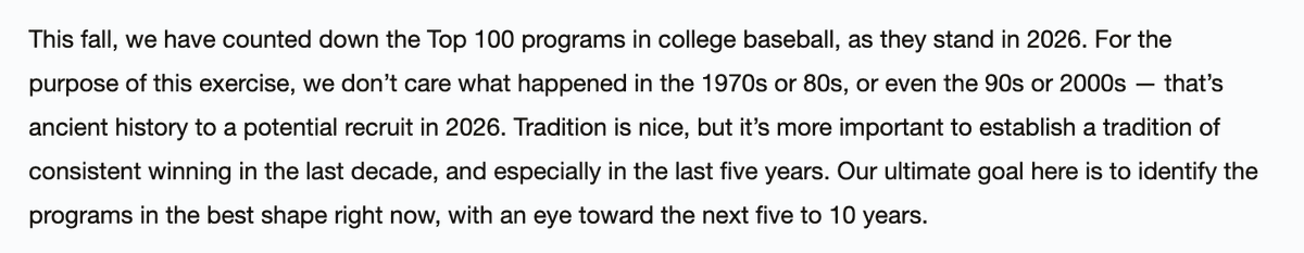 SECbaseball's tweet photo. @_WhoAmI_999 @d1baseball Had them at 4 in 2024, but it's weighted to take into account more recent success. 

Also, you can disagree without claiming that one of the few outlets covering college baseball 365 days a year is somehow not tuned in to the sport https://t.co/E2TtkaNbuo