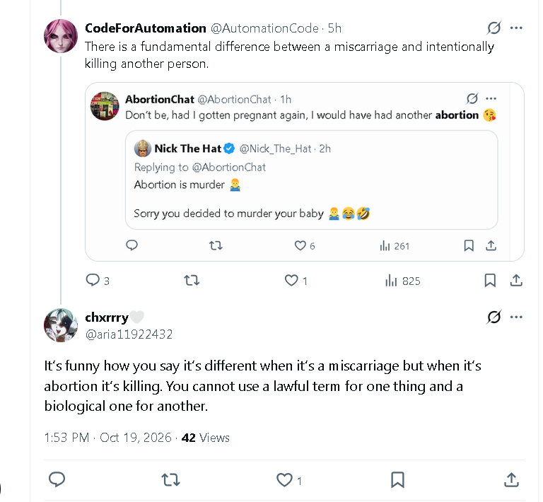 AutomationCode's tweet photo. @aria11922432 @risaruart @AbortionChat they are materially different. one is a happenstance of biology, and another is a premeditated intentional killing of another human. https://t.co/SknfjL23Ie