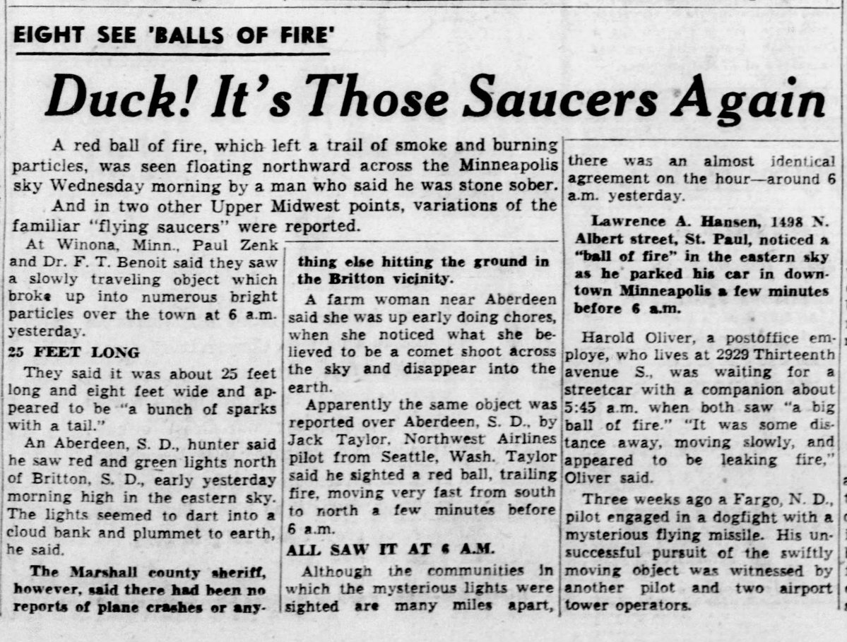 mrjeffknox's tweet photo. #ufotwitter #ufox #ufohistory
Today in UFO History - Duck! It’s Those Saucers Again
October 20, 1948 — Winona, MN
1/ 6:00 a.m. Paul Zenk and Frank T. Benoit see a slowly moving object that breaks up into numerous bright particles over Winona, Minnesota. https://t.co/ugaMsmWcOZ