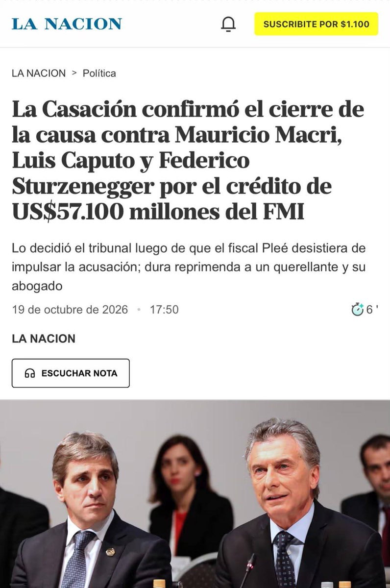 MaximoKFan's tweet photo. Casación acaba de archivar la causa de Macri, Caputo y Sturzenegger por el préstamo con el FMI que pidieron en 2018. 

Hambrearon a millones de argentinos para timbearse la guita del FMI pero el Partido Judicial les perdona todo. 

Así está la Argentina de hoy: la casta está libre y gobernando. Cristina está presa y el símbolo más grande de impunidad Mauricio Macri de joda por el mundo.