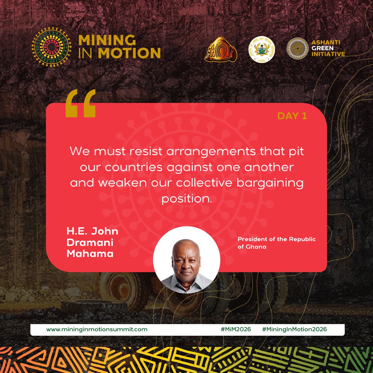 mininginmotion's tweet photo. Swipe through for key takeaways from H.E. John Dramani Mahama’s address at the Mining in Motion Summit 2026. 

#MiningInMotion #MiM2026 https://t.co/oH9FAIu20z