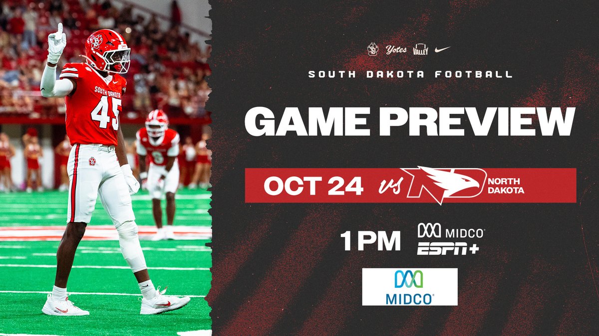 SDCoyotesFB's tweet photo. PREVIEW | South Dakota sets their sights on a top-10 clash against (#6/8) North Dakota.

Saturday will mark just the fourth top-10 battle in the DakotaDome since it opened in 1979!

📰 » https://t.co/8QjQINT2U3
🎟️ » https://t.co/Isdi7BGj3h

#GoYotes x @MidcoSports https://t.co/JfBSBOU0bS