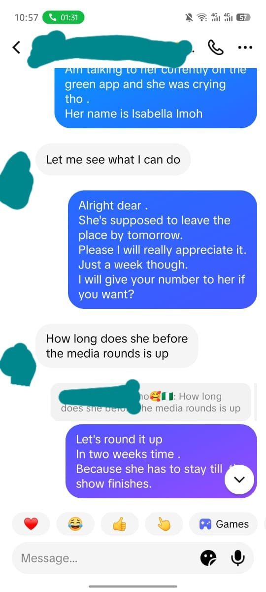 PatienceSam19's tweet photo. Berries fanbase said I pimp bells right this is a proof that the whole conversation was about apartment not hookup or pimping anyone.
So berries fanbase go and huge Calabar transformer and tell your favourite to always confide in you people 🤣.A clear chat that I was seeking hlp. https://t.co/Y8ENKzlgLp