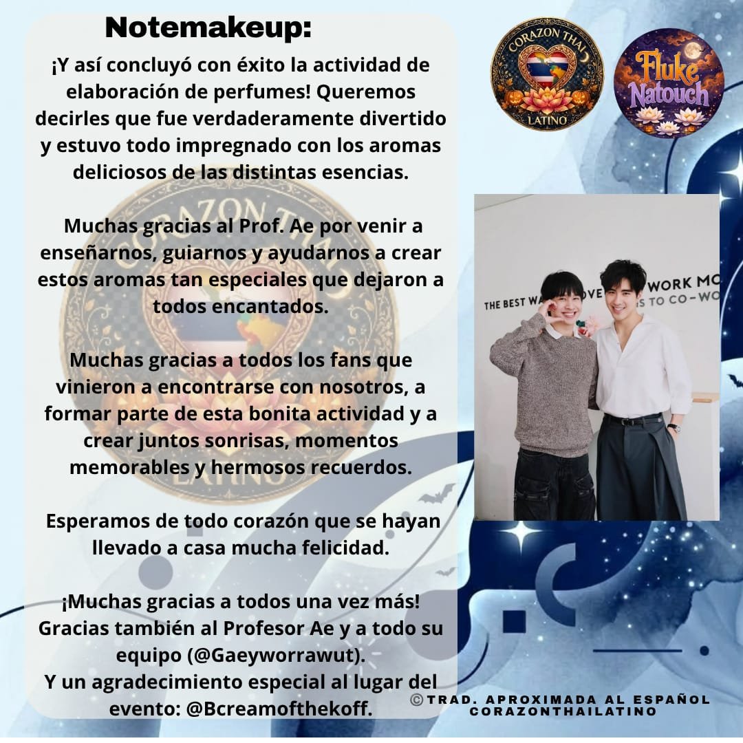 FlukeNCiaLatino's tweet photo. Agradecimientos de Note hacia los maestros por el dia de ayer en la creacion de perfumes 🥰 además de agradecer a las fans que asistieron 🤗✨️
https://t.co/hOConFUvxs
By Tere🦋
#peterpanflukeworkshopday #PeterPanzz_w #Fluke_natouch #PeterpanFluke https://t.co/g87uwuYwvn