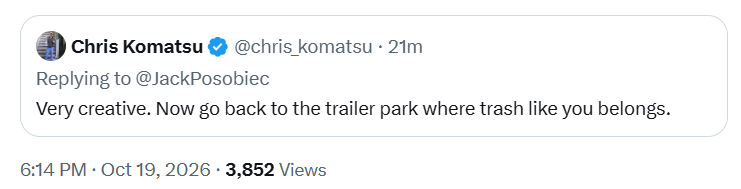 JackPosobiec's tweet photo. Hi @chris_komatsu! Why did you just delete this?   

Are you trying to cover up your anti-White posts?   

Why do you hate White people? https://t.co/9icfR1YDbr