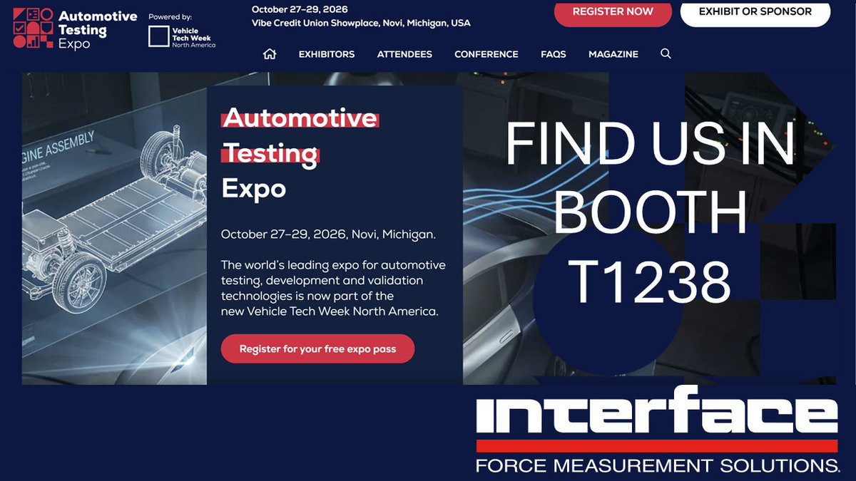 loadcells's tweet photo. 📢Do you have your free pass to Automotive Testing Expo in Novi, Michigan, next week?  Go now; the countdown is on! https://t.co/4Gc2BnDbZl Find Interface on the Stress Analysis Systems red carpet at booth T1238! Go, register, zoom, zoom! 🏎️ 
#InterfaceForce #LoadCells #ATE https://t.co/UIZzKNt4Fr
