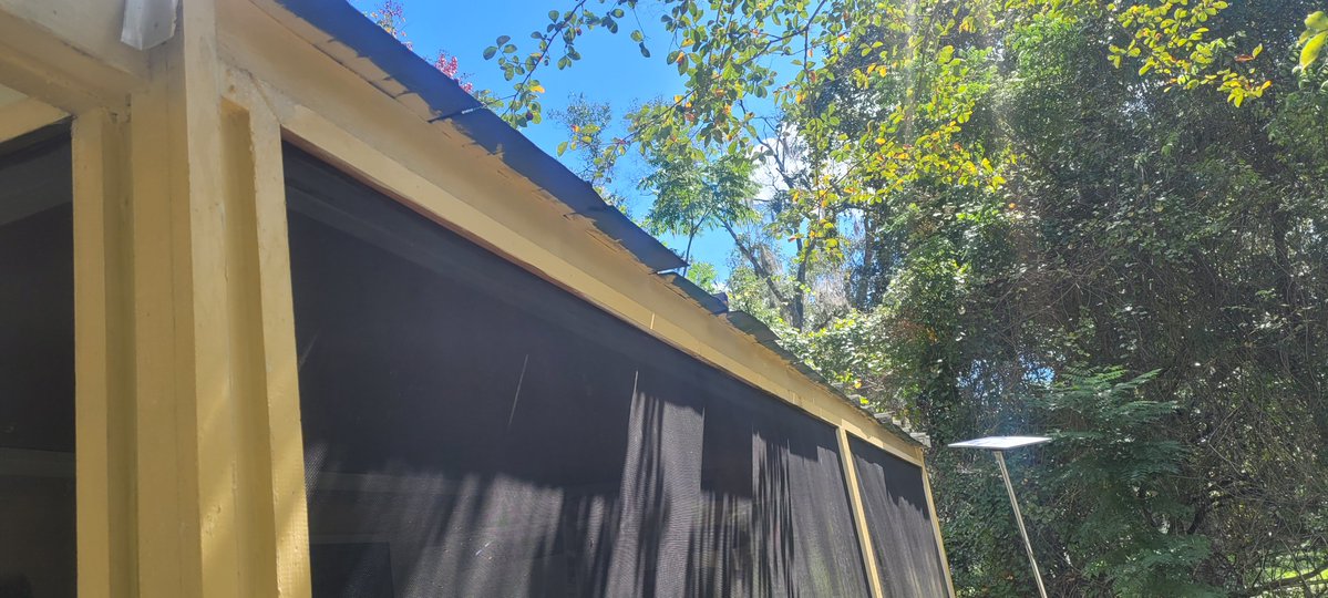 FarmerCrafted's tweet photo. I put up a rain gutter all by my self 😁 
The water drips into the front porch there when it rains, hopefully this helps. I did test it with the hose, all down hill and I'll workout a splash pad later. Hope i covered everything and the men dont pick on me too much this time 😂👍 https://t.co/RtUC1mWkA9