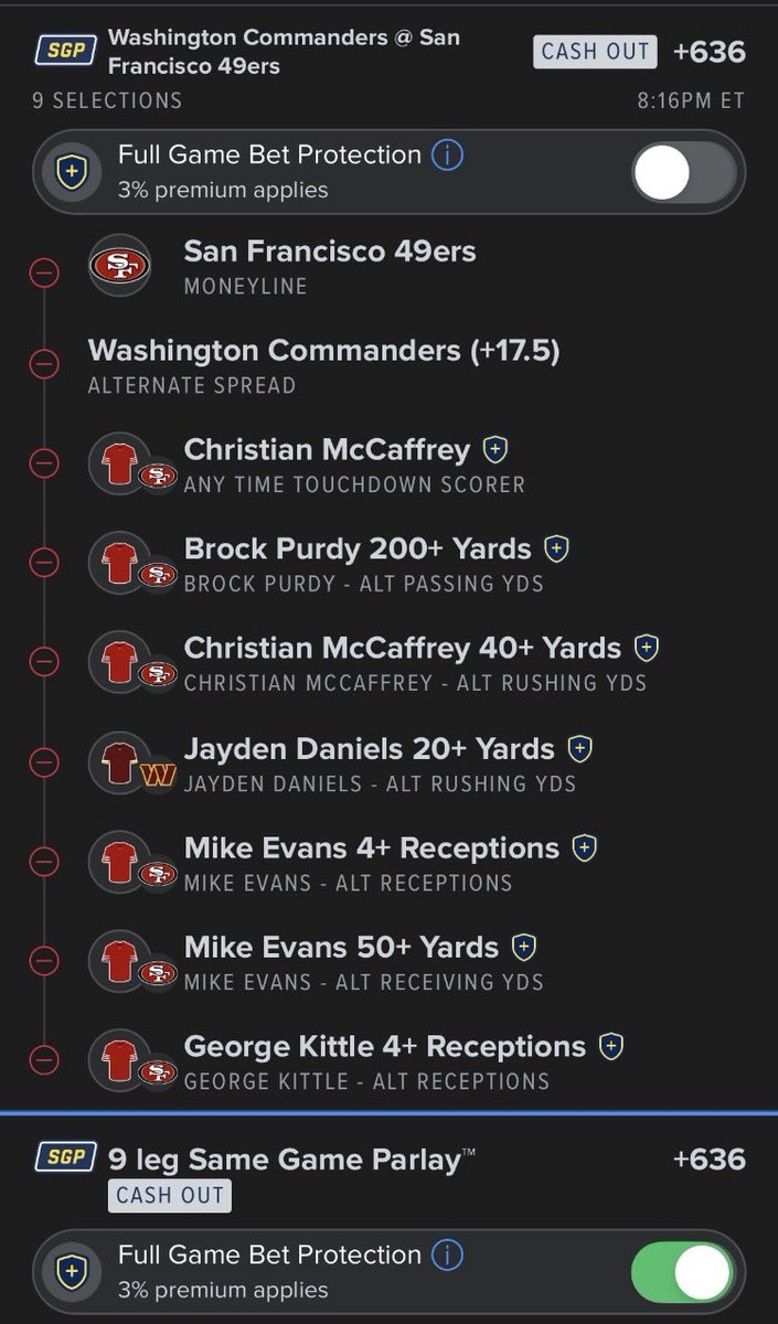 LangBetz's tweet photo. Commanders/49ers:

49ers ML, Commanders +17.5, Purdy 200 pass yards, CMC TD &amp; 40 rush yards, Jayden Daniels 20 rush yards, Mike Evan’s 4 rec &amp; 50 rec yards, Kittle 4 rec

#whatsyawager @WhatsYaWager @BovadaOfficial https://t.co/SV6nkGy553