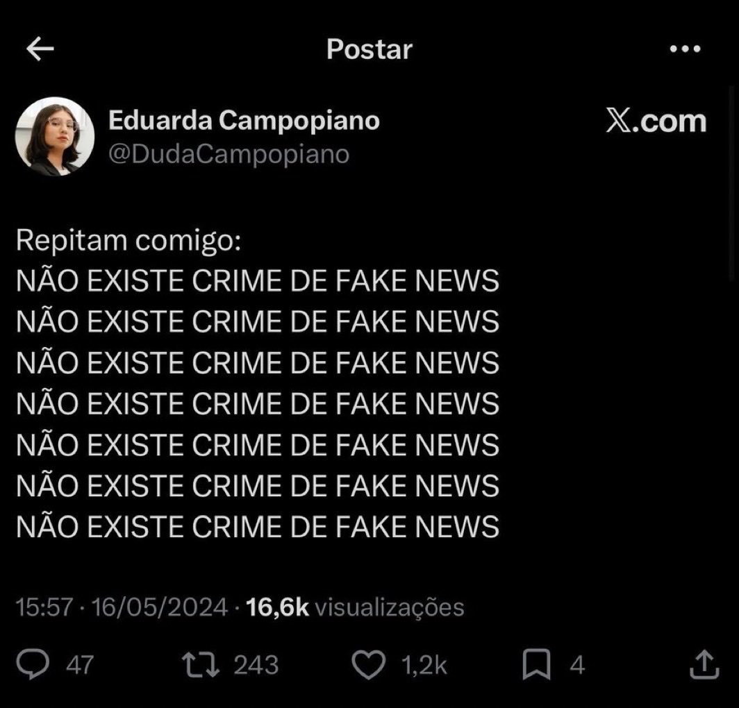 crismaths's tweet photo. não existe crime de fake news https://t.co/jUstshvymF