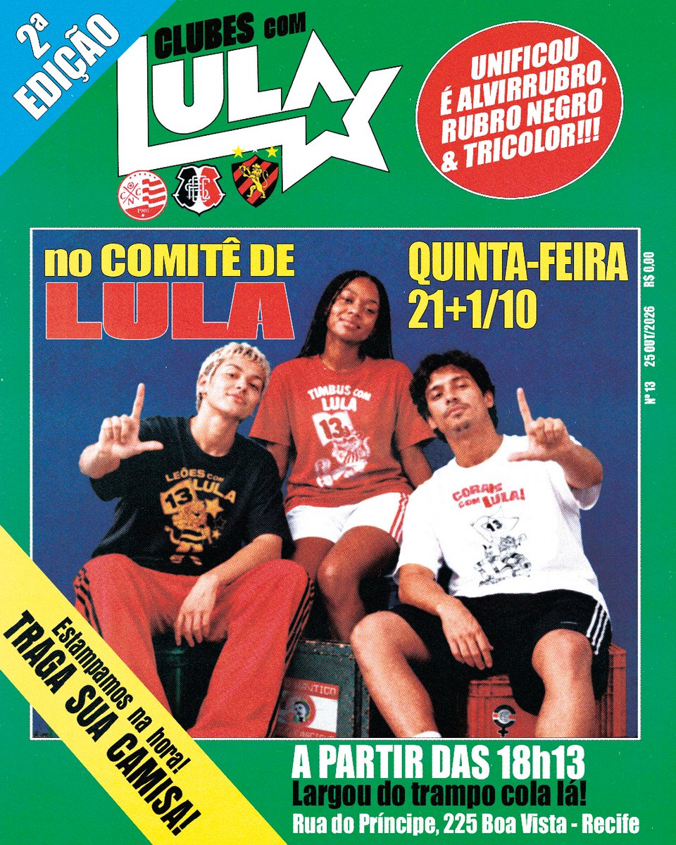 mtscbrl_'s tweet photo. QUINTA-FEIRA NO COMITÊ DE LULA NA BOA VISTA!

Estampas gratuitas, so levar a camisa!

Vamo que vamo! Trio de ferro unido contra o fascismo ⭐️ https://t.co/pPMVdH4yLt