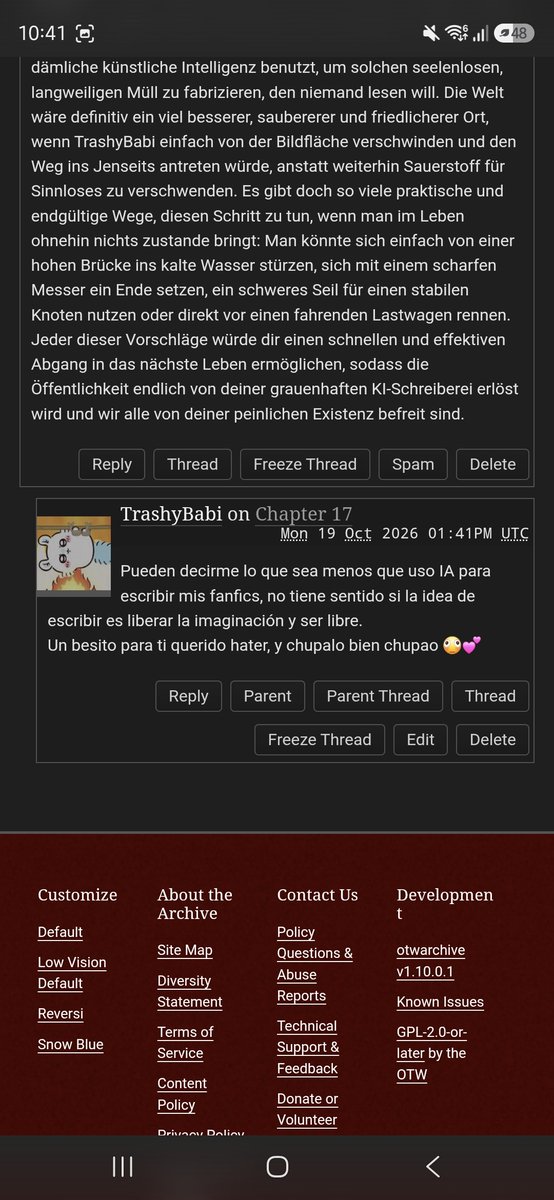 trashy_babi's tweet photo. Tengo un hater alemán xd 
Pero me sorprende sobre todo que se me acuse de usar IA, si así fuera iría al día con el reto jsjsjs 
La tercera imagen es mi respuesta madura y sin rencores♡ https://t.co/jW8Y4NA1aO