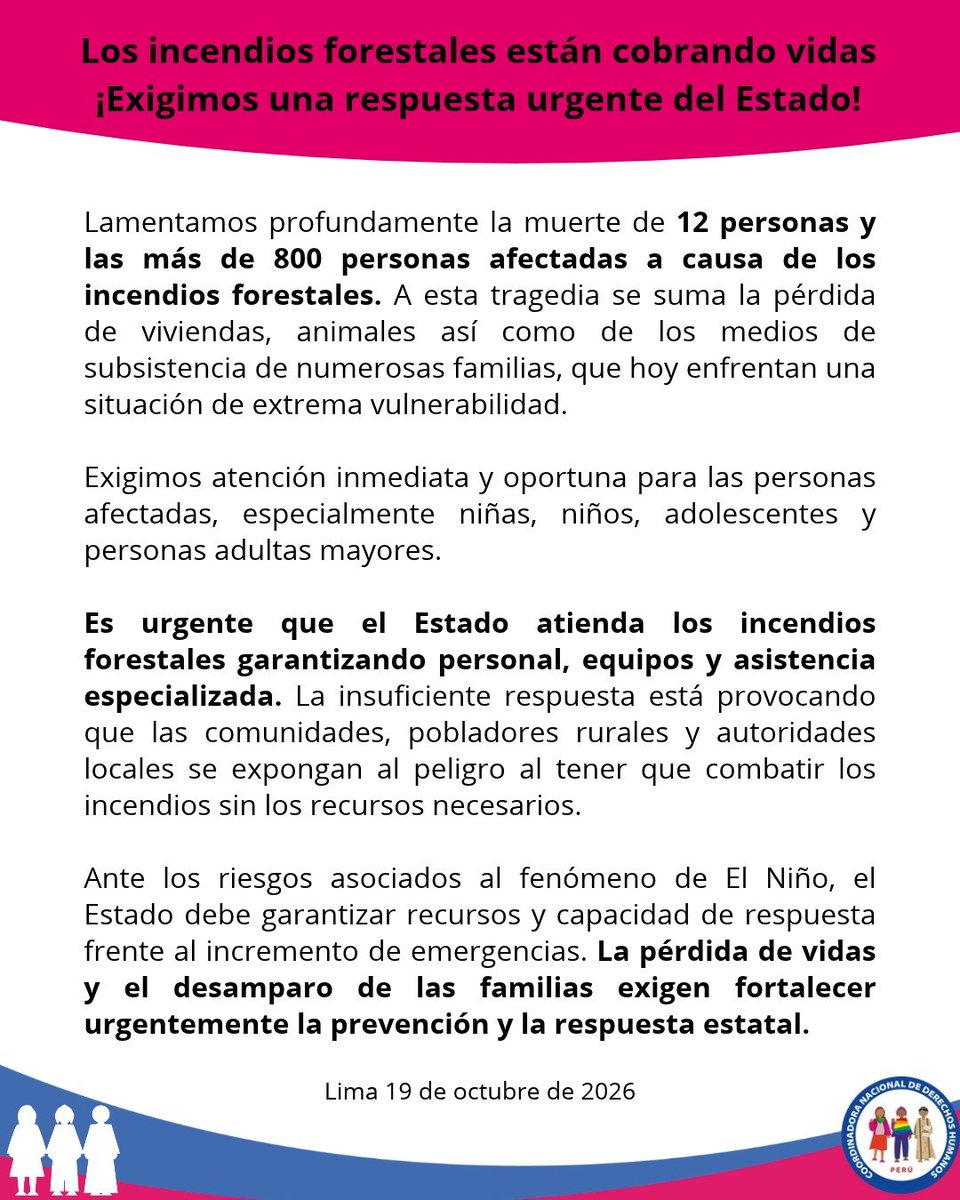 cnddhh's tweet photo. 🚨 #Pronunciamiento
Los incendios forestales han dejado 12 personas fallecidas y más de 800 afectadas, además de familias que han perdido sus viviendas y medios de subsistencia.

 🔴 La falta de personal y equipos adecuados evidencia la falta de prevención para responder oportunamente a estas emergencias. Urge garantizar asistencia a las personas afectadas.
@COENPeru
#IncendiosForestales