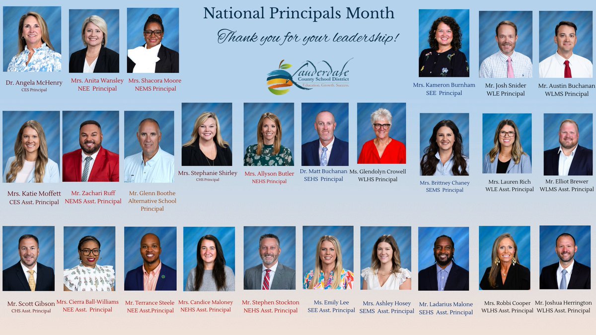 LauderdaleCSD's tweet photo. We cannot thank our principals and assistant principals enough for the countless ways they show up for our students, teachers, and families. They open doors early, stay late, and carry the weight of hard decisions with grace. Thank you for ALL that you do! 🍎#LCSDExcellence https://t.co/o9NIxb4JpJ