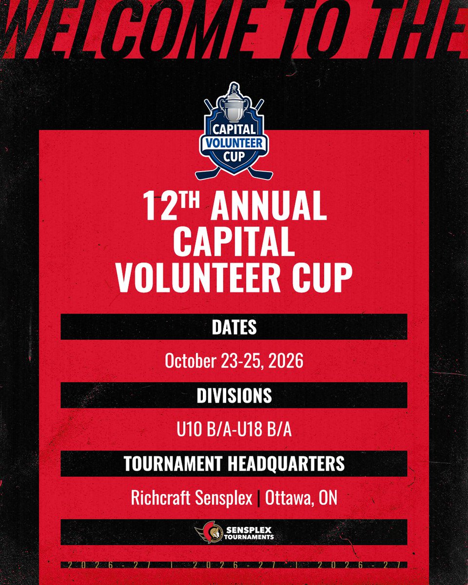 Sensplex's tweet photo. 21st Annual Capital Volunteer Cup Presented by @CMHA_Hockey
📅 October 23-25, 2026
👥 U10 B/A-U18 B/A
📍 Richcraft Sensplex

🔗 - https://t.co/ahTqf3ynYy https://t.co/aK2VZbHATz