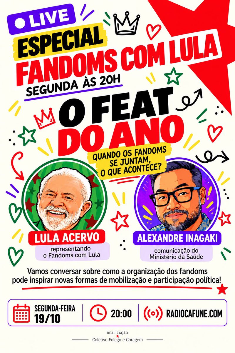 fandomscomlula's tweet photo. Daqui a pouco, um de nossos adm estará  na live especial Fandoms com Lula no https://t.co/OR0X4JZkTo. Não percam! https://t.co/poHPjdb2TQ